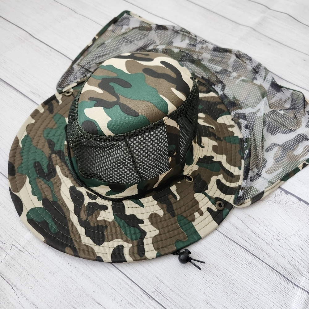 Camouflage Men's Sun Protection Hat w/ Mesh Neck Flap Cover, Wide Brim
